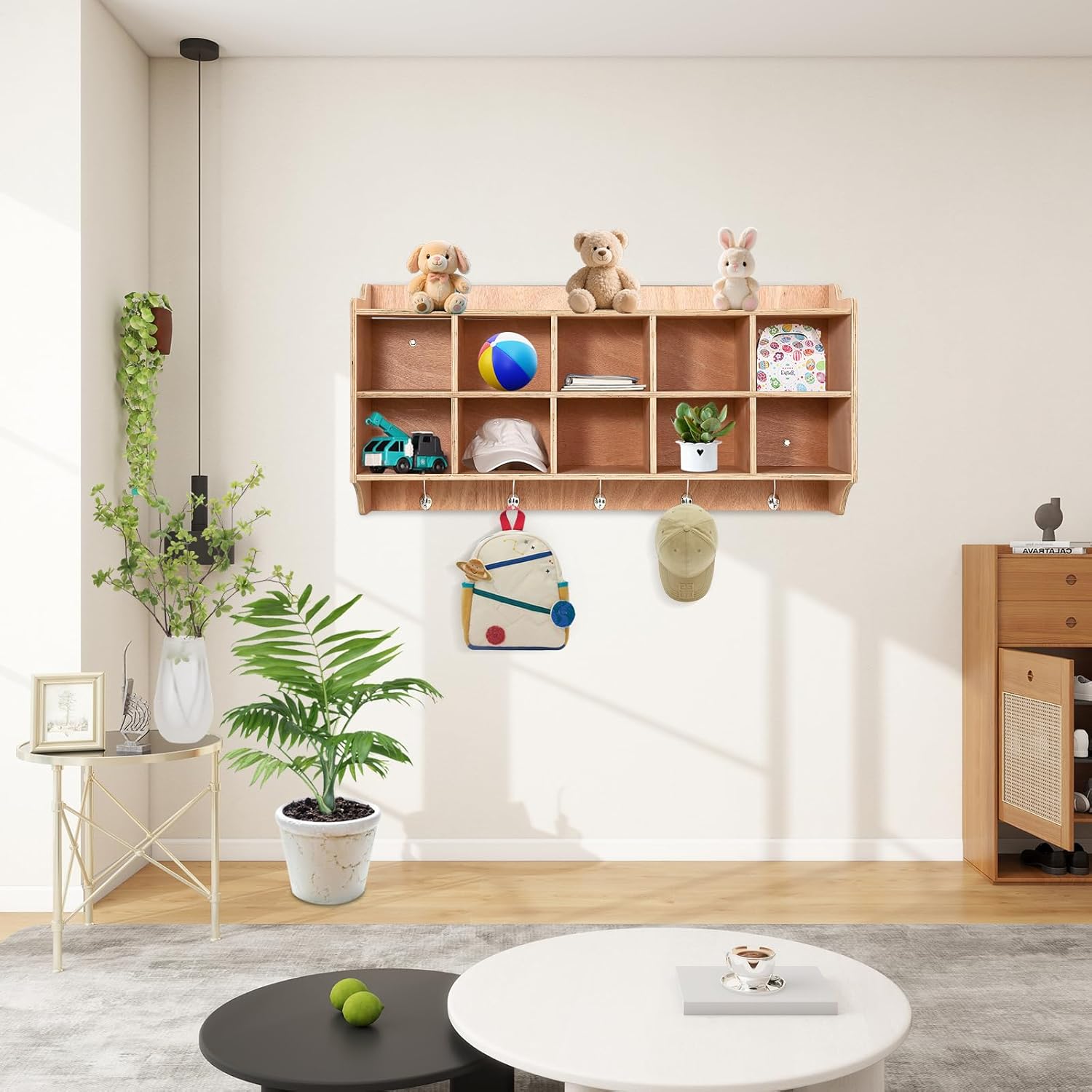 Cubby Storage Organizer Cubes, Daycare Shelves with 10 Cubbies Shoe Layer with Hooks and Shelf, Hanging Wall Mount, Furniture for Kids Toys, Classroom, 47Inch Width