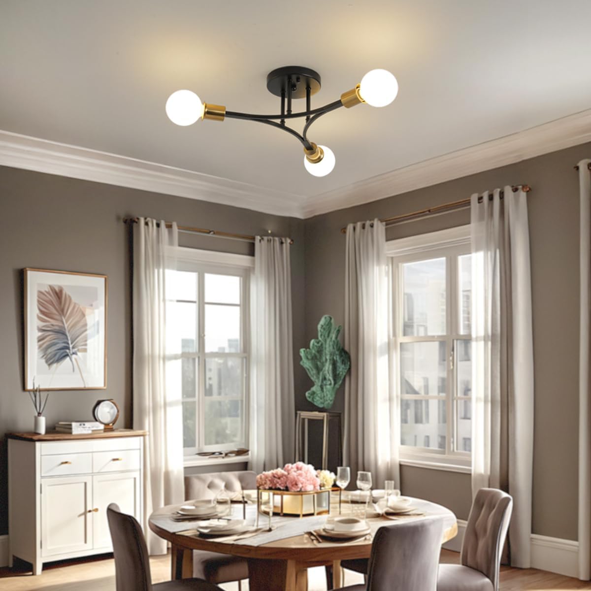 3-Lights Modern Sputnik Semi Flush Mount Ceiling Light Fixture Black and Gold,Mid Centur Sputnik Chandelier for Entryway,Hallway,Bedroom,Kitchen,Dining Room,Living Room(Bulbs Not Included)