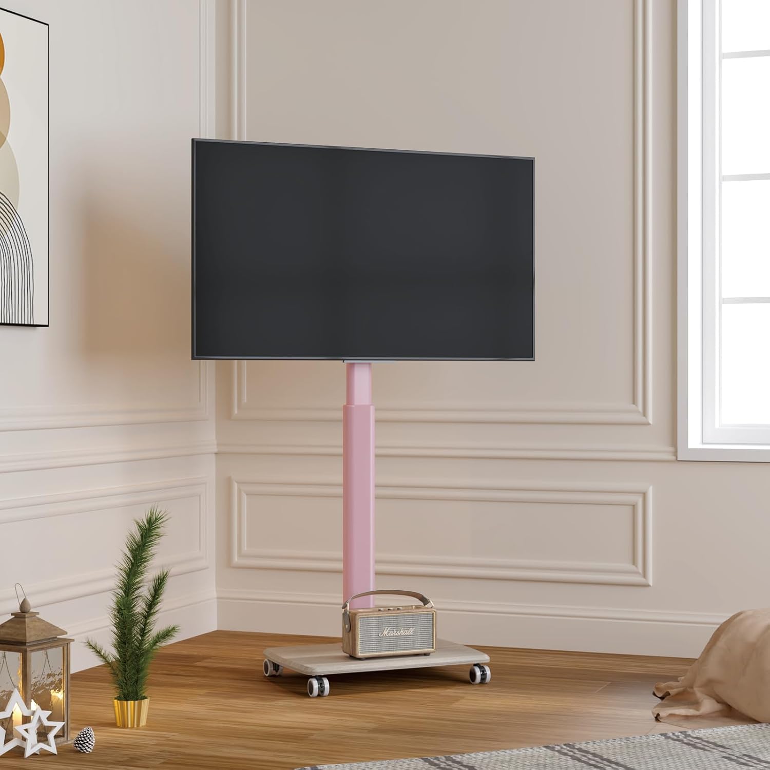 Pink Rolling TV Stand for 32 to 55 65 75 85 Inch TVs, Corner TV Floor Stand with Mount, Universal Portable Mobile TV Cart on Wheels, Small TV Stand for Bedroom, Living Room, Conference Room