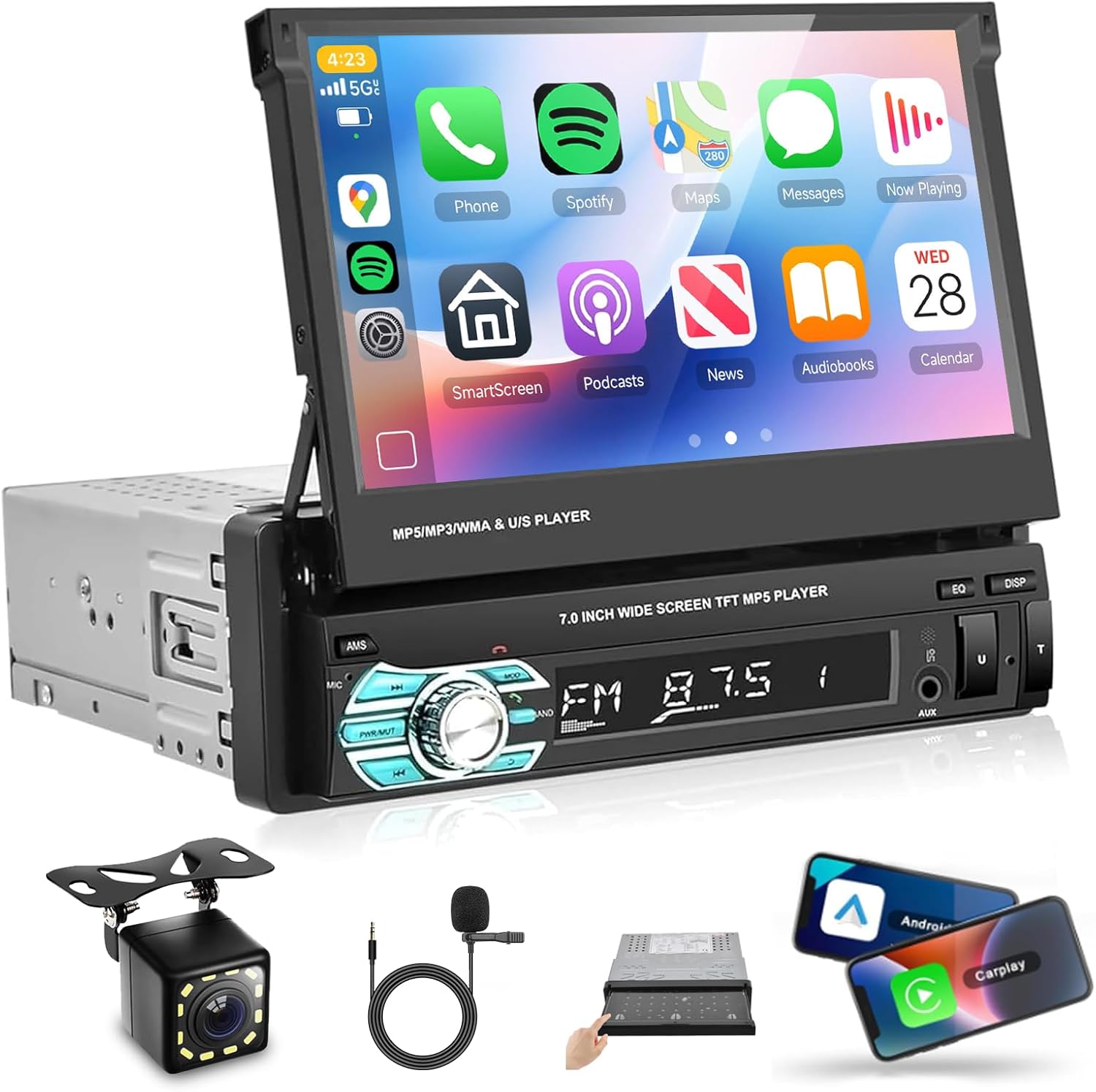Single Din Car Stereo Radio with Carplay Android Auto,7 Inch HD IPS Manual Touch Screen,5.0Bluetooth Car Stereo with Backup Camera,GPS,Mirror Link,SWC,EQ,Airplay,Android Cast,Fast Charging,AUX/2.0 USB