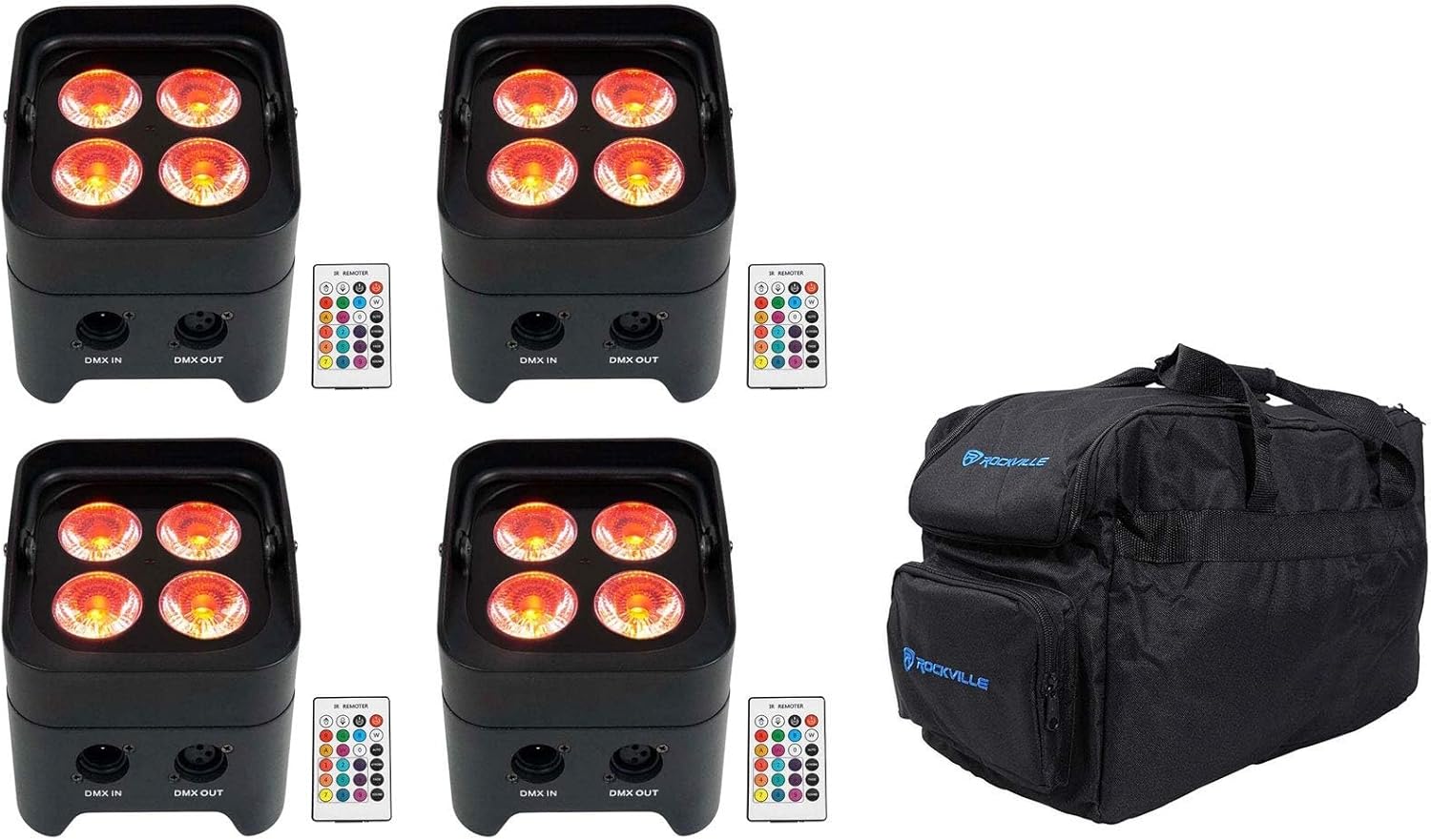 Rockville Best PAR 50 Bundle: (4) Rechargeable Par Can Wash Lights with Wireless DMX RGBWA UV, RLB30 Carry Bag for Slim Par Lighting Accessories, 5-Items