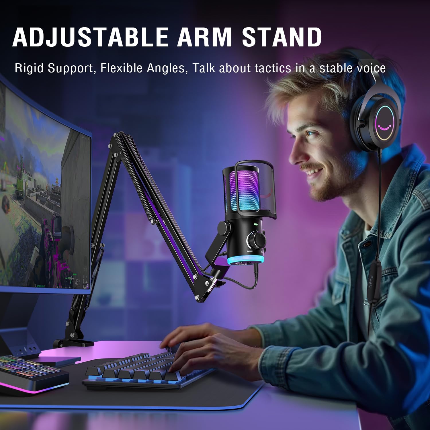 FIFINE USB Microphone with RGB Gaming Headset Bundle, Computer Condenser Mic Kit with Game/Chat Balance, 3.5mm Headphones Jack, Over-Ear Headphones for Streaming Podcast Recording Video (AM6T+H3)