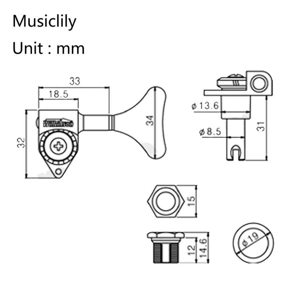 Guitar Part for 2R2L 20:1 Ratio Bass Tuners Machine S Tuning Pegs Keys Set for Ibanez Style Electric Bass, Gold