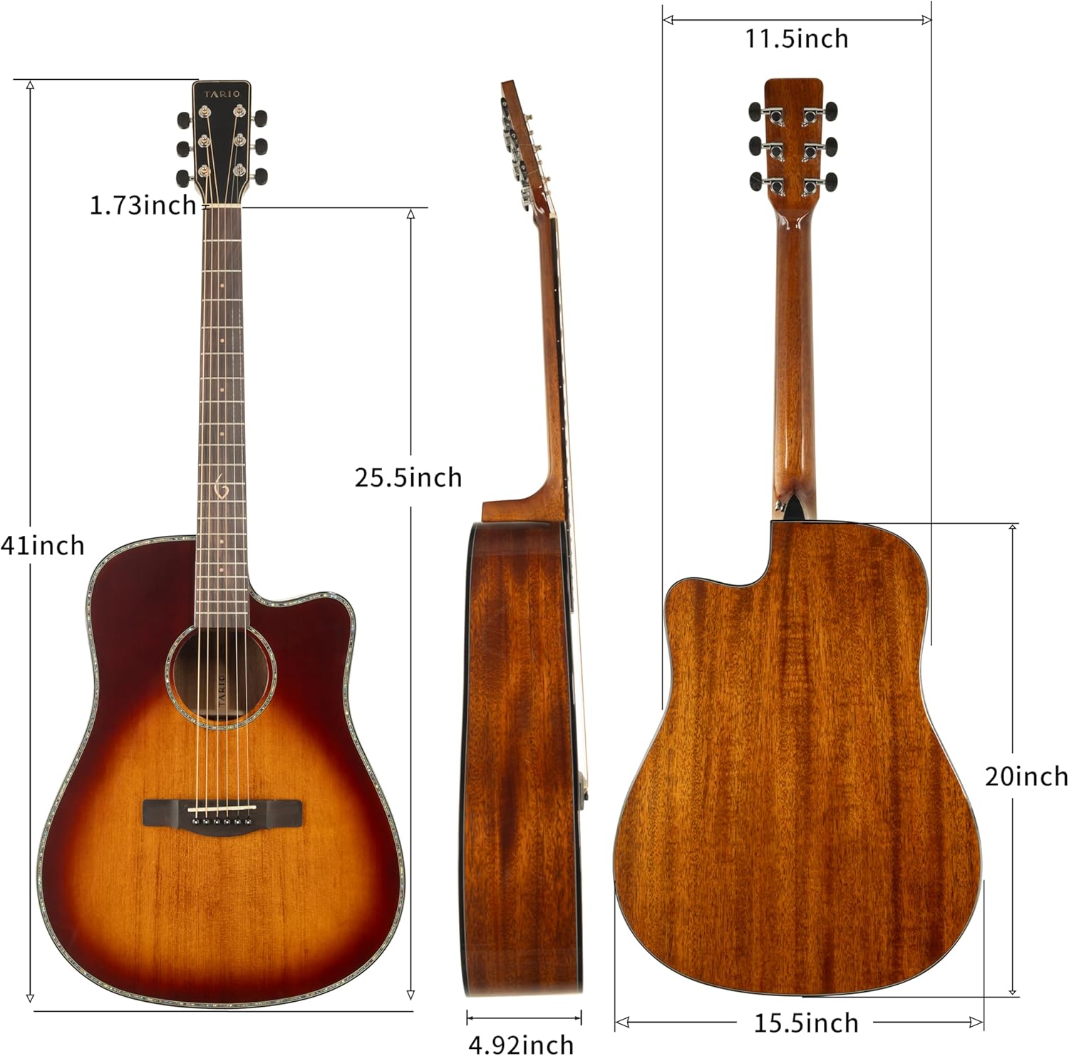 TARIO 41'' Acoustic All Solid WOOD Guitar Solid A+Sitka Spruce Top Solid Mahogany Back and Sides Mahogany Neck Rosewood Fretboard Including a Gig bag,High Gloss