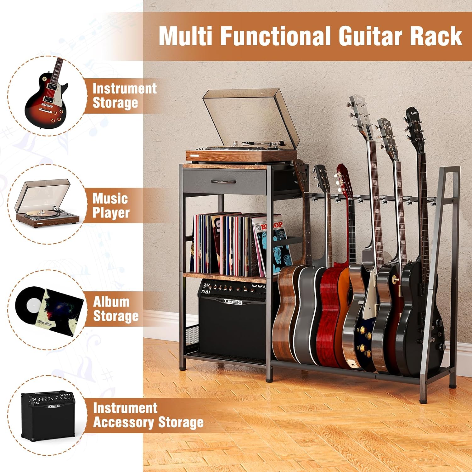 Guitar Stand Rack, 6-Slot Floor Standing Guitar Display Holder, Heavy-Duty Storage Display Rack for Multiple Electric & Acoustic Guitars, Space Saving for Home Studio