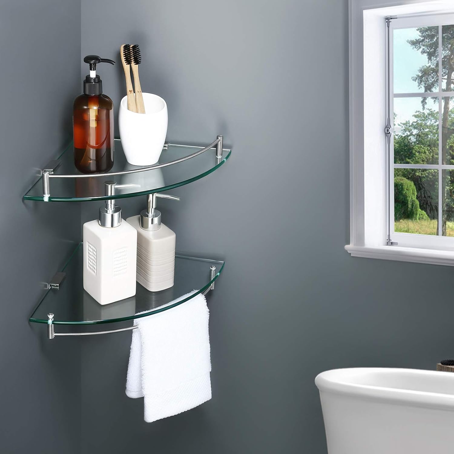 KES Glass Corner Shelf for Bathroom Corner & Toilet Paper Holder Stand, SUS 304 Stainless Steel Brushed Finish, BGS2101A-2-P2+BPH283S1-2