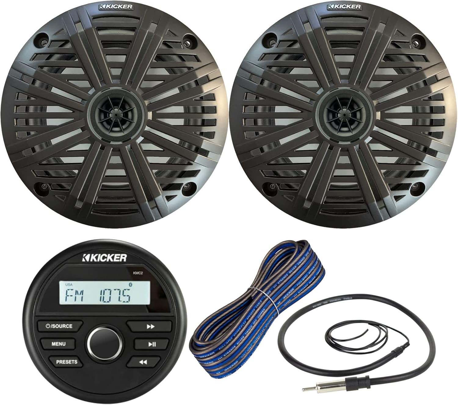 Kicker Weather-Resistant Marine Gauge Style Bluetooth USB Receiver Bundle Combo with 1 Pair (Qty 2) 6.5