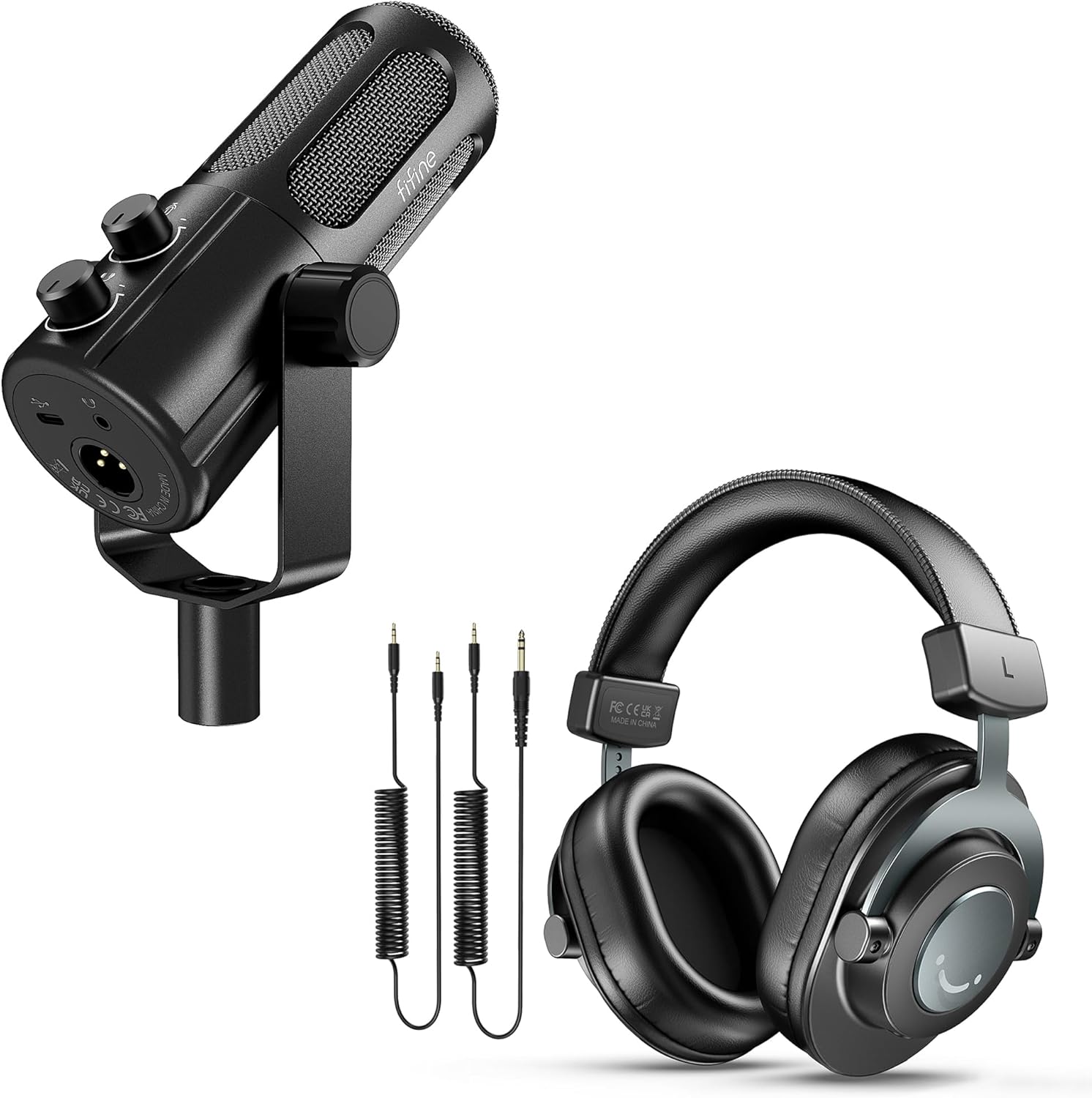 FIFINE USB/XLR Dynamic Microphone and Studio Headphones Kit, Podcast Microphone with Noise Reduction, Volume Control, Mute, Over-Ear Headphone Bundle with Detachable Cables for Recording-Tank6+H8