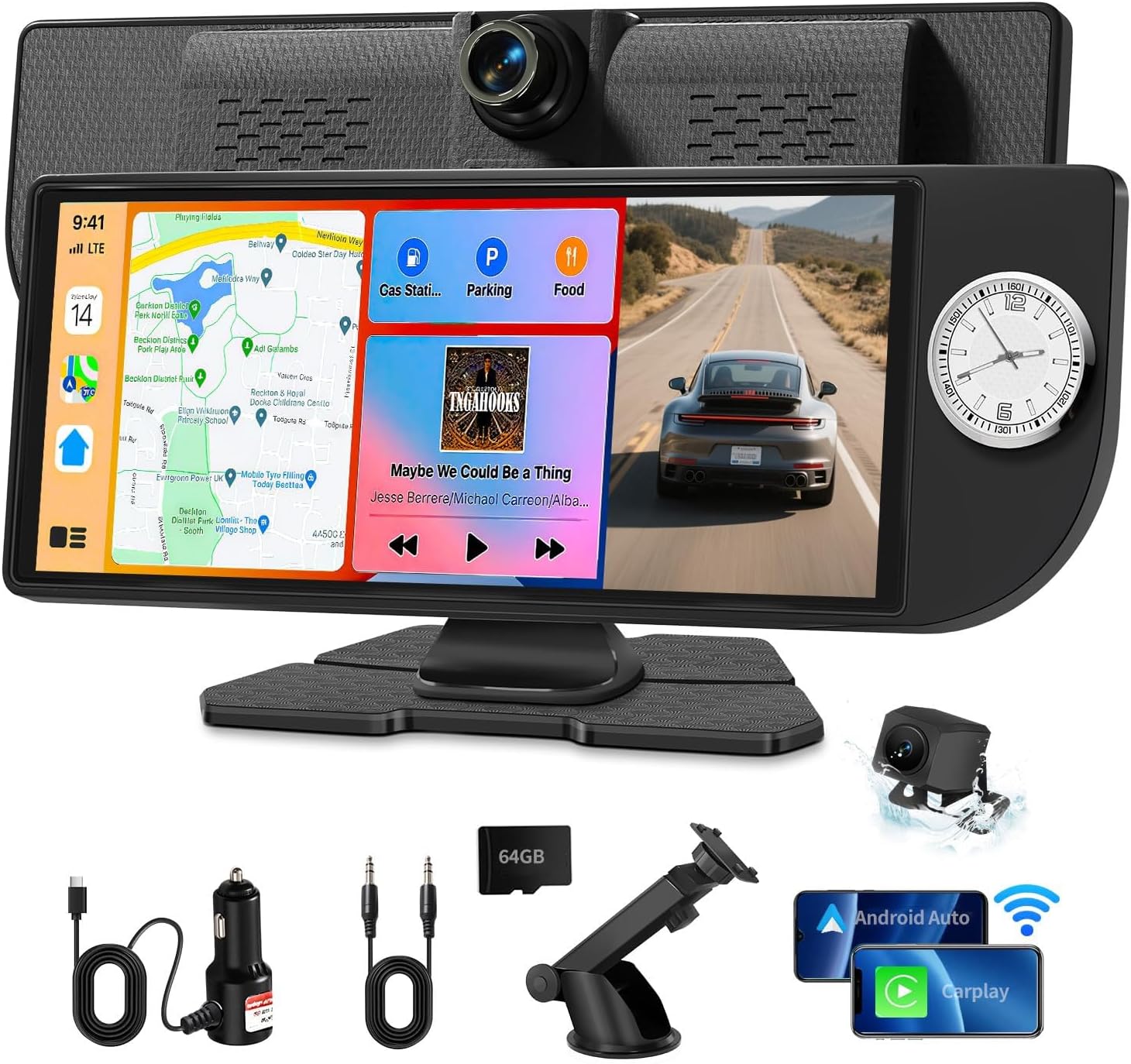 Wireless Carplay Screen for Car - 10.26 Inch Apple Car Play & Android Auto Car Stereo Portable Carplay Touchscreen with Built-in Clock, 4K Dash Cam, 1080P Backup Camera (Front&Rear Camera, White)