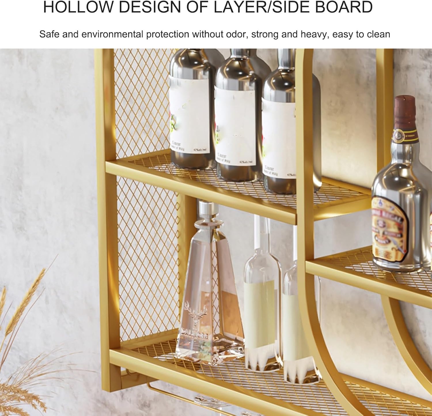 Modern Wall Mounted Wine Rack with Bottle Stemware Glass Holder,metal Hanging Wine Glass Holder,wall Mount Bottle Holder,wine Display Storage Rack for Kitchen Bar Wall Wine Racks ( Color : Gold , Size