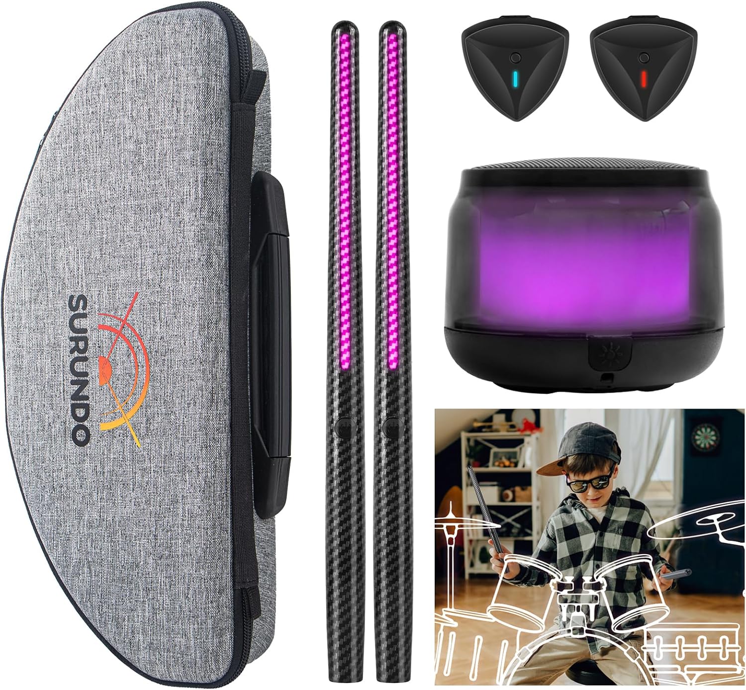 Virtual Air Drum Set, Electric Air Drum Sticks Kit, Carbon Fiber Drum Sticks & Pedals & Bluetooth Adapter Speaker, Electric Drum Set for Kids Beginners Adults