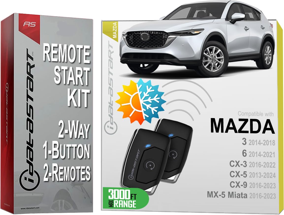 iDatastart 3000FT Range Remote Starter Kit for Mazda-3 2014-2018 | Mazda-6 2014-2021 | CX-3 2016-2022 | CX-5 2013-2024 | CX-9 2016-2023 | MX-5 Miata 2016-2023 (2-Way, 1-Button)
