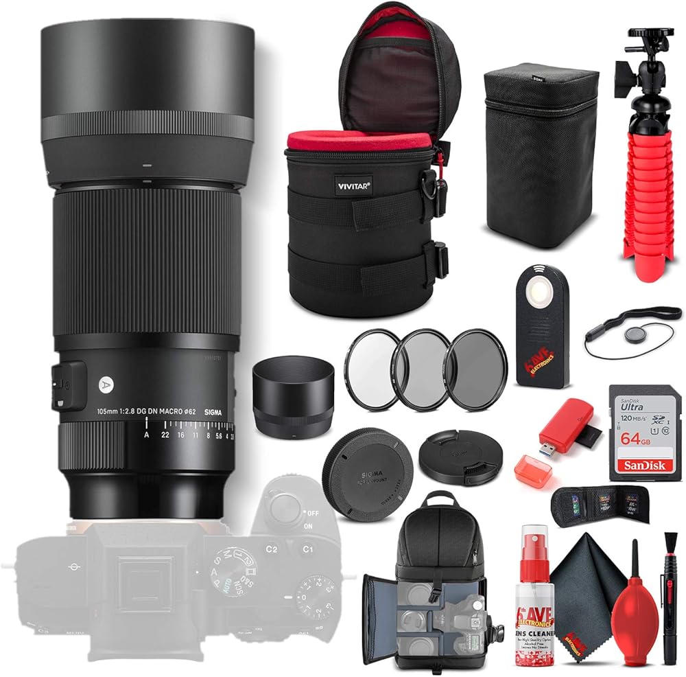 Sigma 105mm f/2.8 DG DN Macro Art Lens for Sony E (260965) Bundle + Backpack + 64GB Card + Lens Case + Card Reader + 3 Piece Filter Kit + Cleaning Set + Flex Tripod + Memory Wallet + More