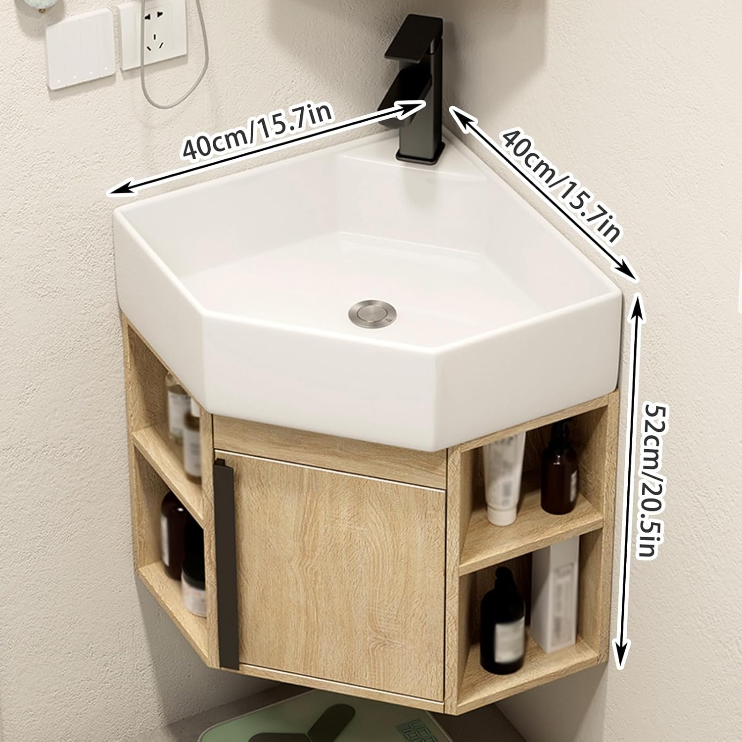 Small Corner Wall Mount Bathroom Sink Bathroom Vanity Cabinet bathroom sink with White Vessel Cabinet with Faucet and Drain bathroom Sinks with Storage Container with Overflow(40*40*52cm/15.7*15.7*20.