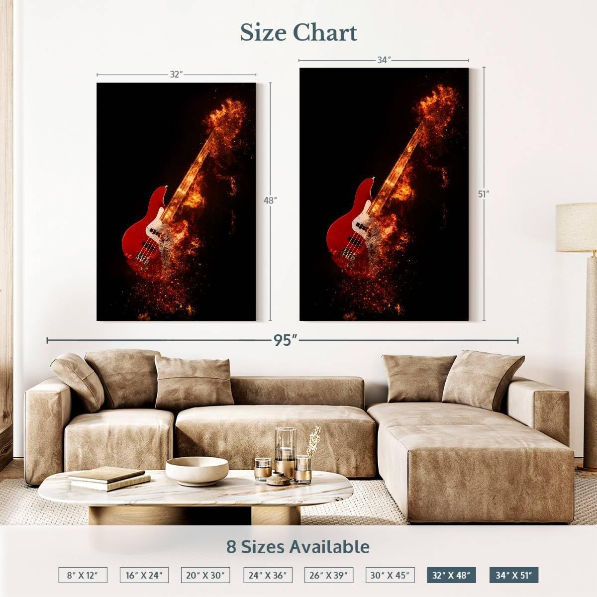 ElephantStock - Flaming Bass Guitar Wall Art - Vertical Canvas Wall Art - Living Room Wall Decor - Digital Art Music Canvas Art - Black And Orange Decor - 34