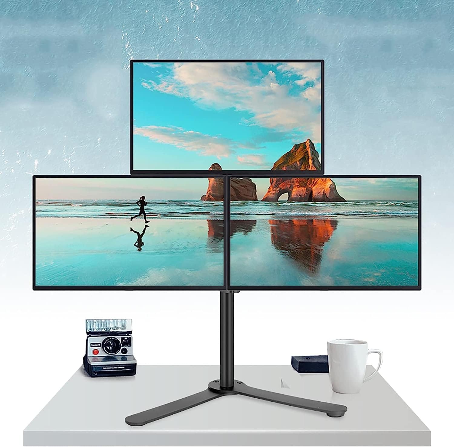 TV Wall Bracket Triple Monitor Stand Mount, Three Heavy Duty Full Motion Adjustable Arms with Metal Base, for Three Max 27 Inch Computer Screen TV Stand