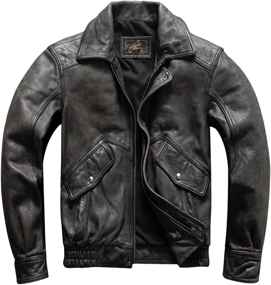 Men Retro Vintage Genuine Natural Cowhide Turn-Down Collar Flight Winter Leather Jacket Coat