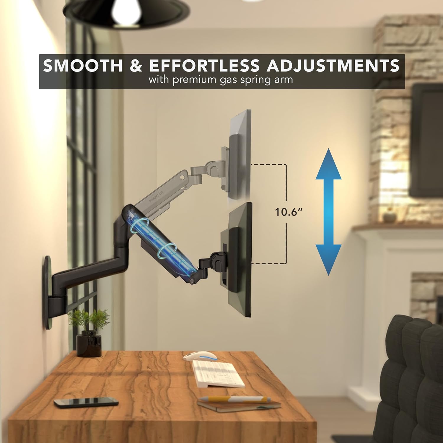 Mount‑It! Heavy‑Duty Wall Mount Arm for 49″ Curved & Ultrawide Monitors, Gas‑Spring Full Motion, 23.5″ Reach, 44lb Capacity, VESA 75/100, Single‑Stud Install