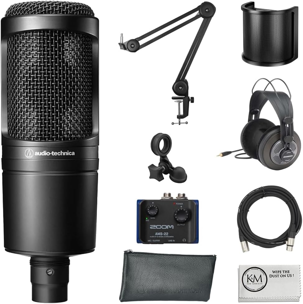 Audio-Technica AT2020 Cardioid Condenser Microphone Bundle with Audio Interface + Studio Headphones + Microphone Arm + Pop Filter + XLR Cable + Cleaning Cloth (7 Items)