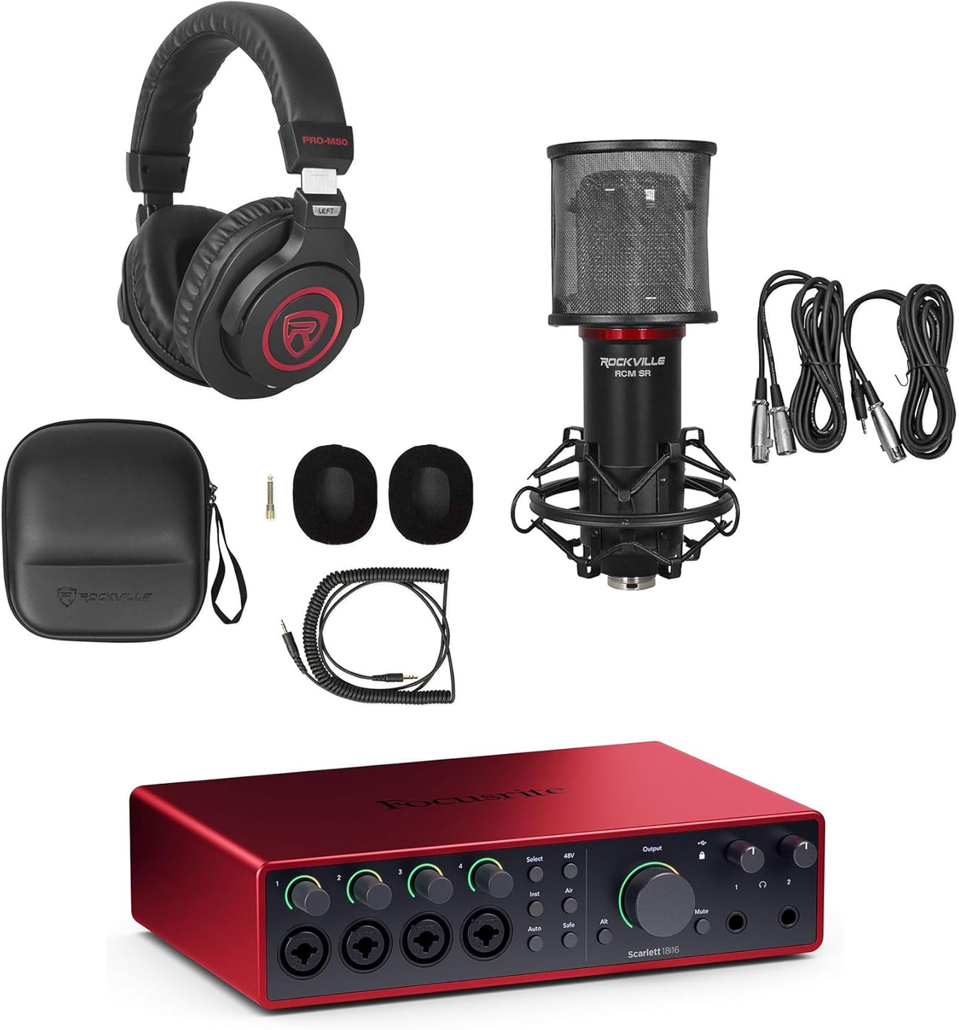 Audiosavings Bundle: Focusrite SCARLETT 18I16 4G 4th Gen 24-bit 192 kHz Audio Recording Interface Bundle with Rockville PRO-M50 SR Headphone+RCM SR Studio/Recording Condenser Microphone (3 Items)