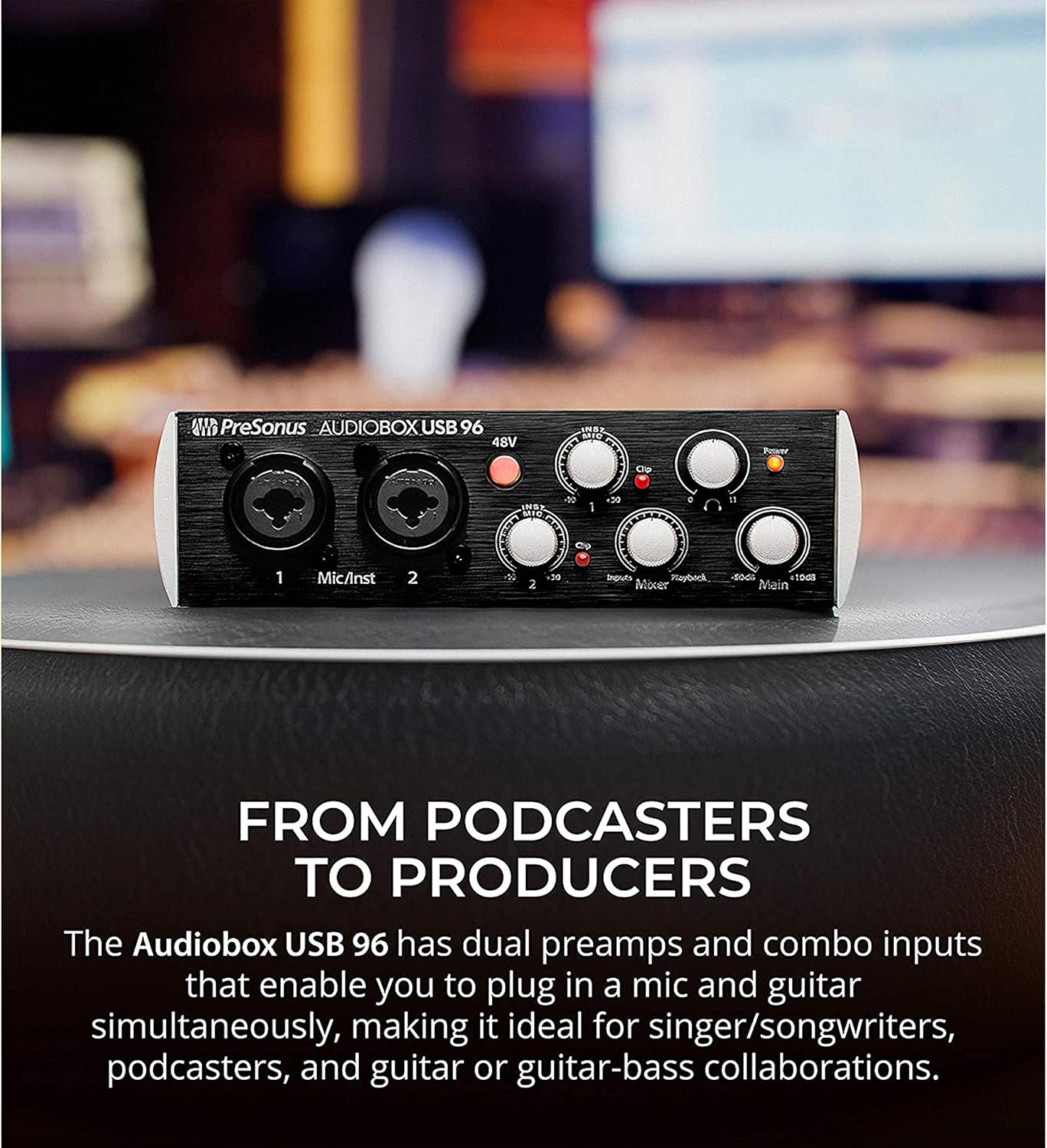 PreSonus AudioBox USB 96 Digital Audio Interface (Black) 96 kHz converters with USB Bus-Powered interface's Two Class A MIC/LINE/Instruments Preamps with Gravity Phone Holder Bundle