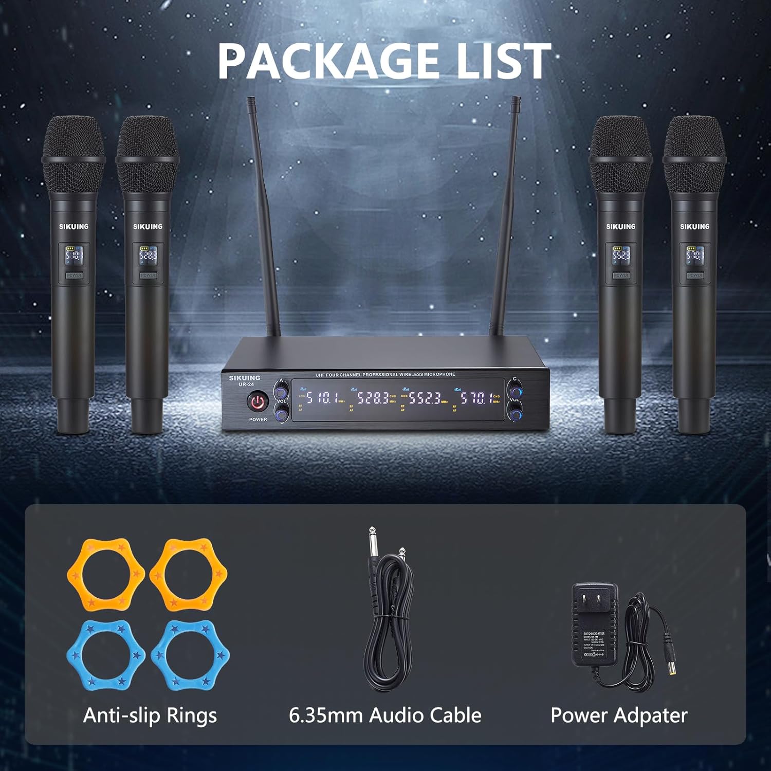 4 Channel UHF Wireless Microphone System with Cordless Handheld Mics, 4x50 Adjustable Frequencies, Ideal for Karaoke Meeting Church, 300ft Range (4 Handheld)