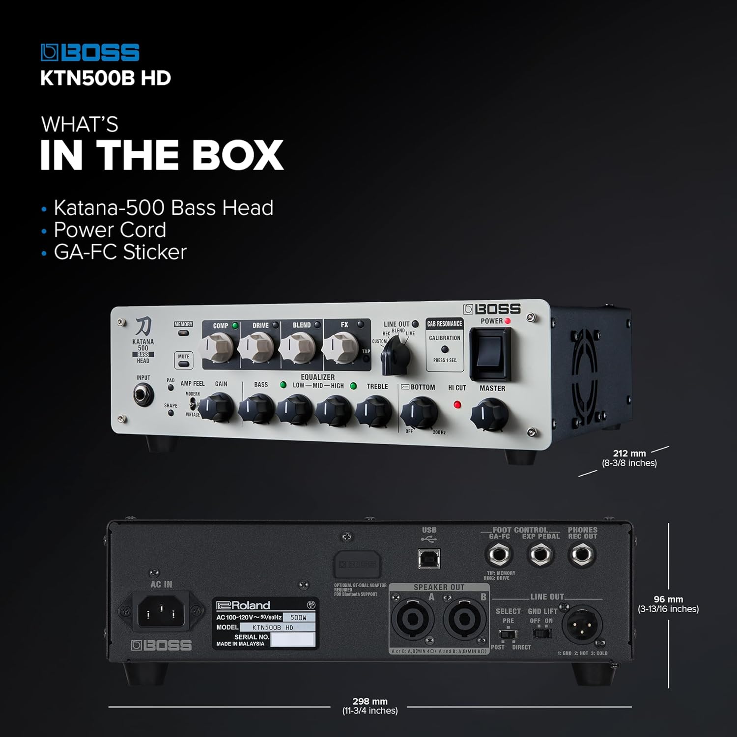 BOSS Katana-500 Bass Head | Compact 500-Watt Bass Amplifier Head with Professional Tone Tools | Innovative Cabinet Calibration | Access Over 60 Effects with BOSS Tone Studio | Expansive Connectivity