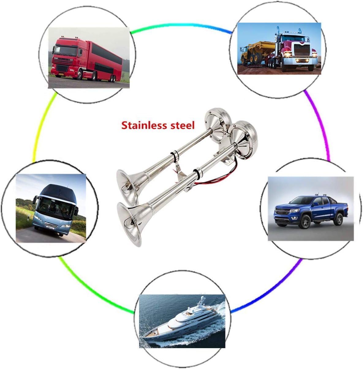 Electric Car Horn 150DB Bugle Loud Speaker - Marine Stainless Steel Double Horn 304 for 12V Cargo Wheel Ship Trucks Vans Trains Boats