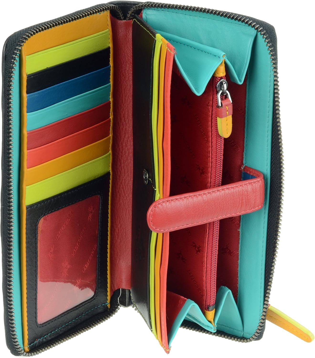 Visconti STR5 Women's Secure RFID Blocking Large Leather Bifold Zip-Around Clutch Wallet Purse - Black Multi