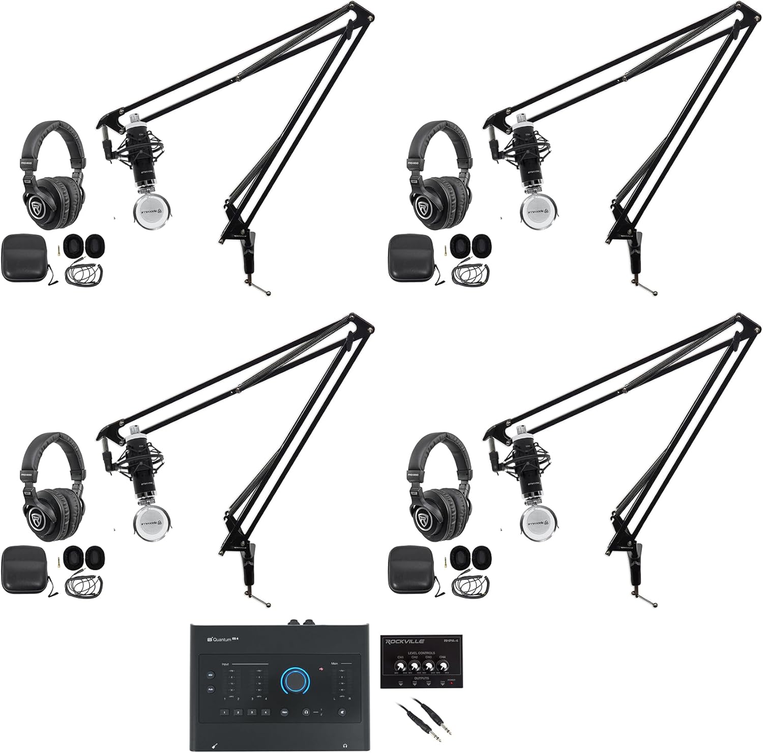 Audiosavings Bundle: (1) Presonus Quantum ES4 USB-C Audio Interface Bundle with (4) Condenser Mic & (4) Studio Headphones & (4) DMS40 Mic Stand & (1) Headphone Amplifier & (1) TRS Cable (15 Items)