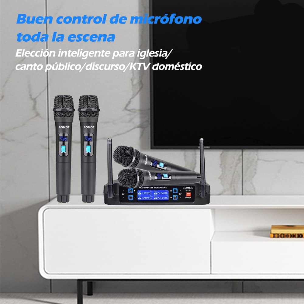 BOMGE Wireless Microphone System, Pro 4-Channel Cordless Mic Set with Four Handheld Mics, Fixed Frequency, Long Range 200ft, Ideal for Church,Karaoke, Events (V410)
