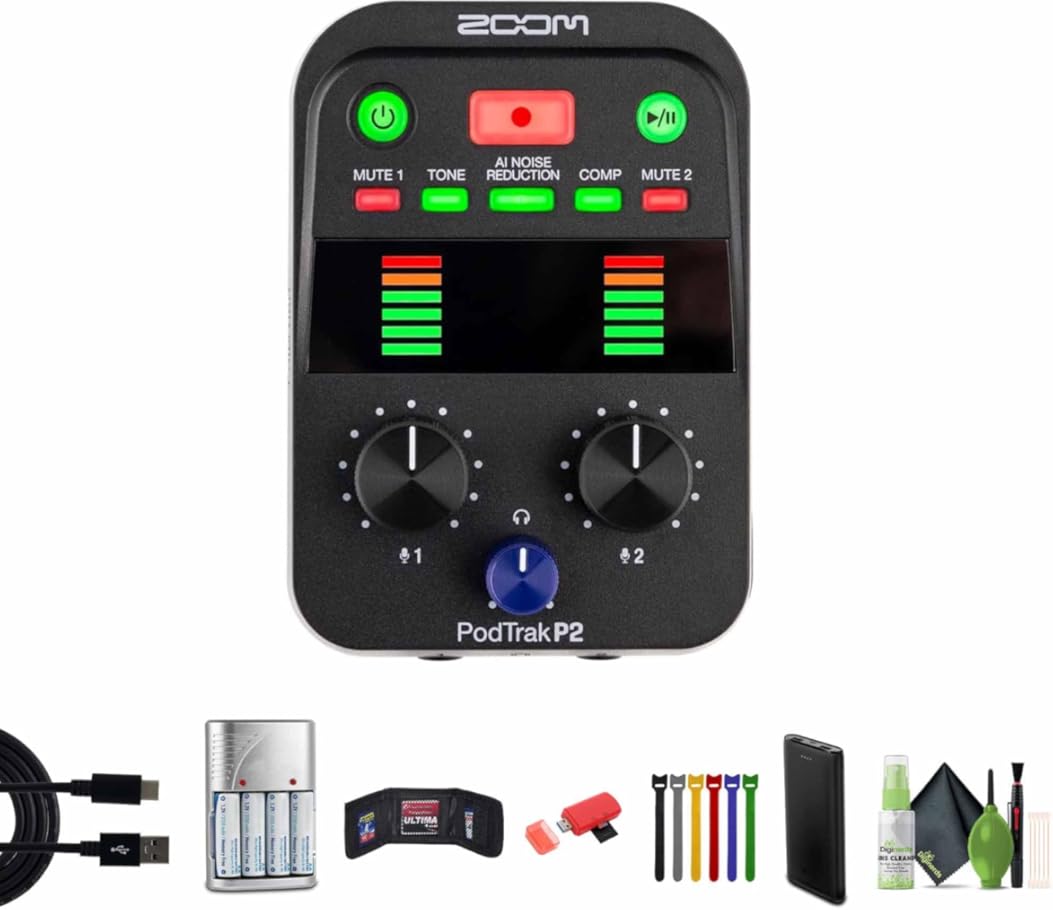 Zoom PodTrak P2 Podcast Recorder with 2 USB Mic Inputs, 2 Headphone Outputs, AI Noise Reduction, Tone & COMP Effects, Remote Guest Recording Bundle with 64GB Memory Card + More