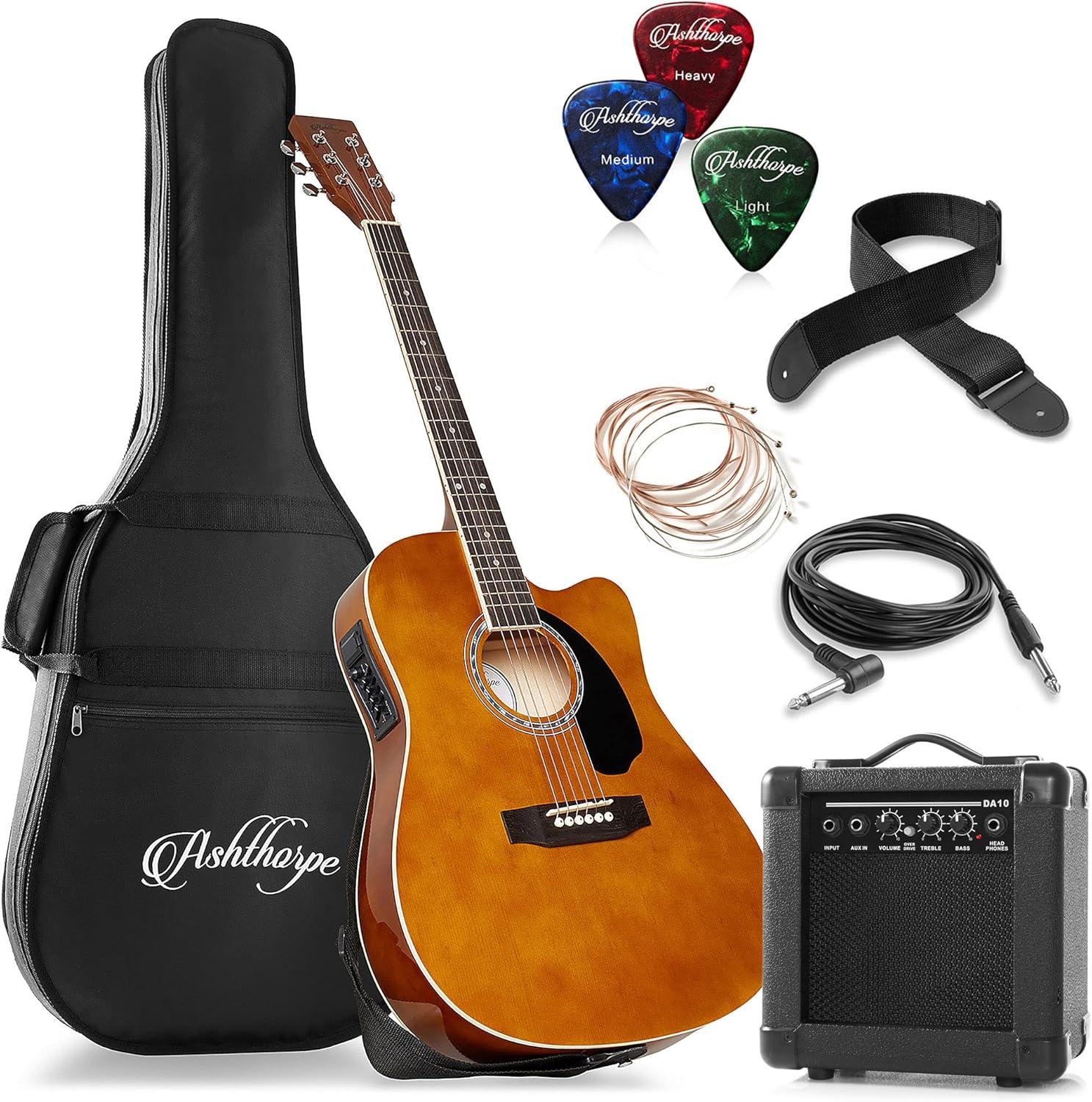 Ashthorpe Full-Size Thinline Cutaway Acoustic Electric Guitar Package with 10 Watt Amp - Brown