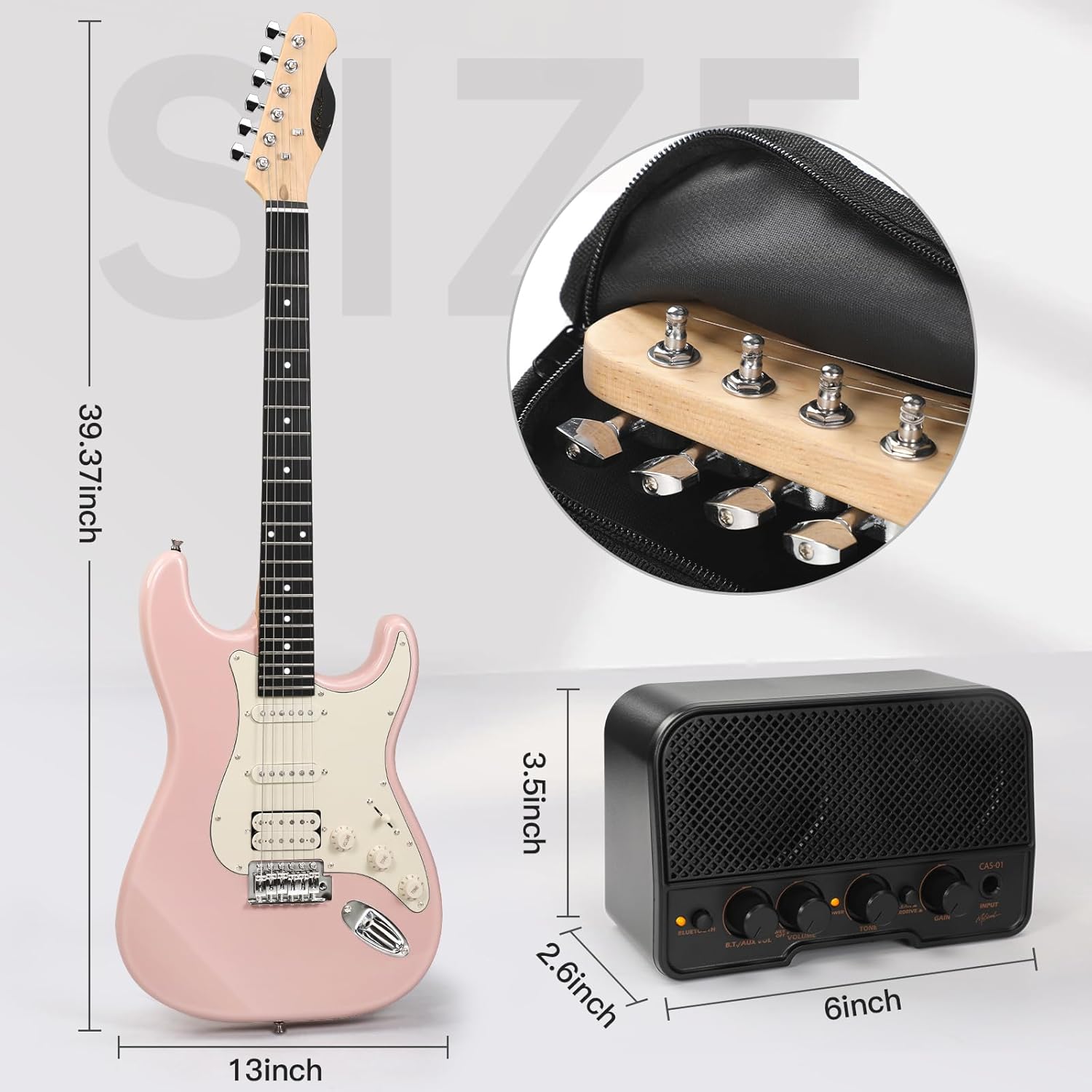 Musicool 39 Inch Electric Guitar Starter Kit– HSS Pickups Solid Body Electric Guitar Includes Amplifier, Bag, Digital Tuner, Strap, String, Cable, Picks, Beginner Gift（Pink ）