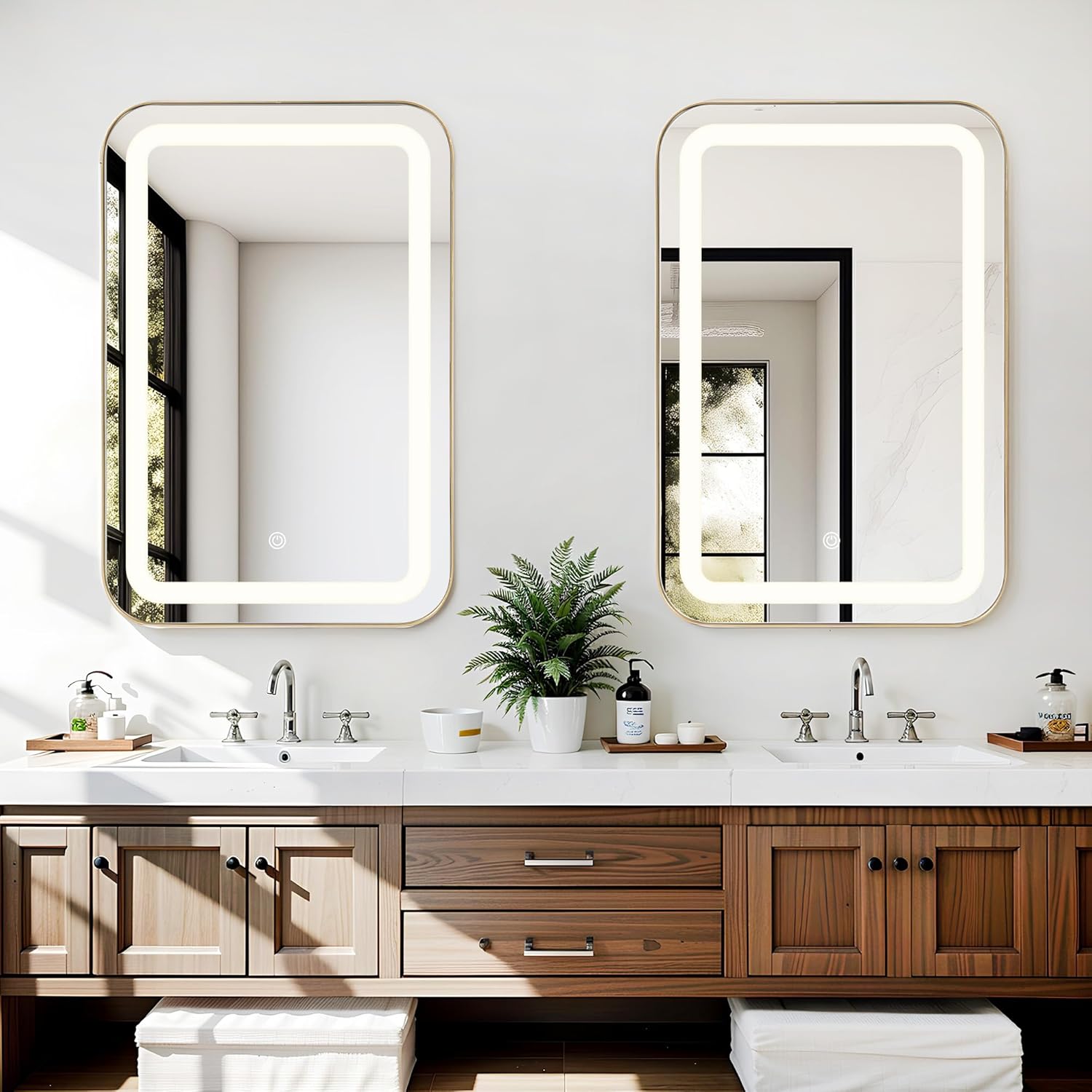 SogesGame LED Medicine Cabinet, 16 x 24 Inch Bathroom Medicine Cabinet with Adjustable Shelves, Recessed or Wall Mount, Wall Mounted Deep Metal Framed Rounded Corner, Gold