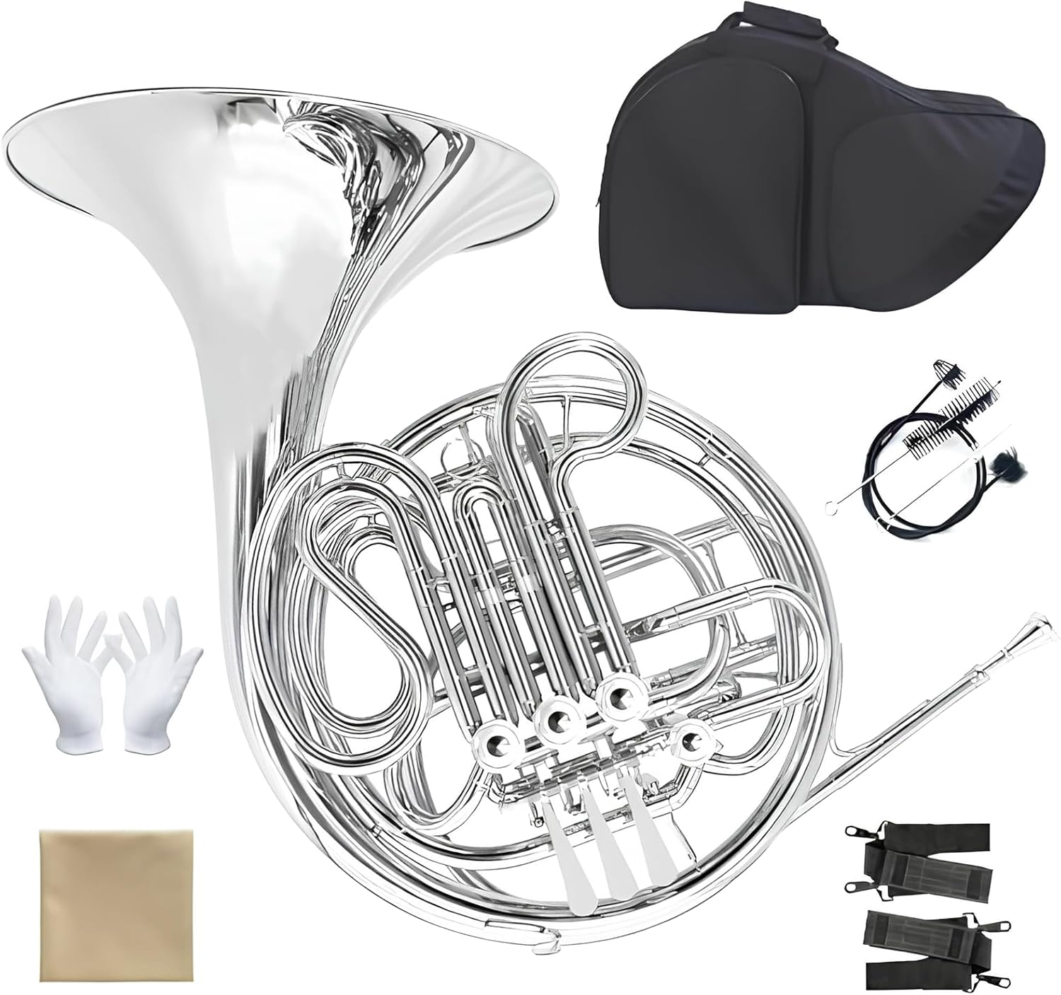 Double French Horn 4 Key F/Bb, Professional Brass Gold Lacquer Orchestral Instrument with Case, Mouthpiece, Tuner, Mute, Gloves & Cleaning Kit for Students & Musicians