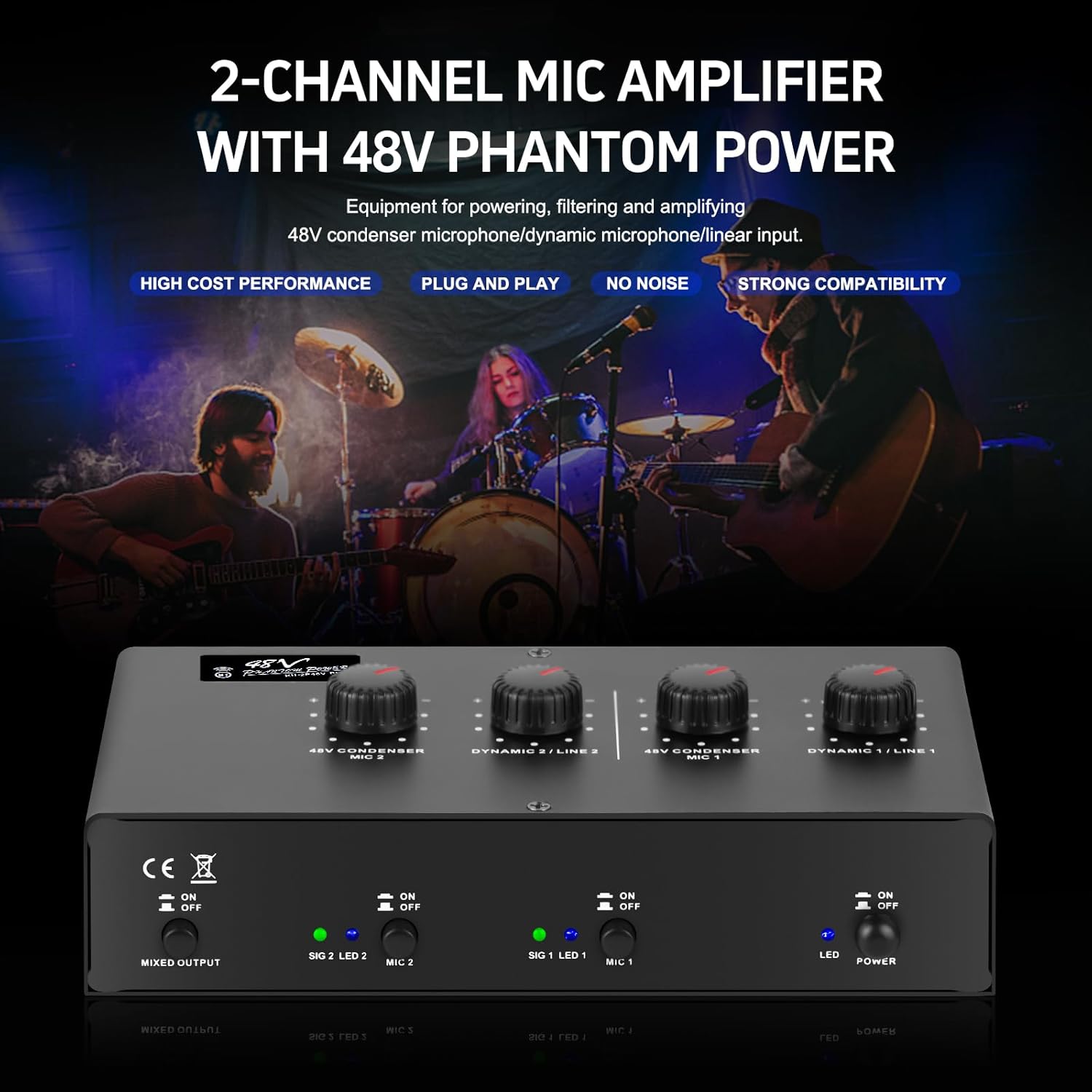 Microphone Preamp Mic Booster 4 Input Max 25db DI Box with 48V Phantom Power for Dynamic and Condenser Mic (MC02)