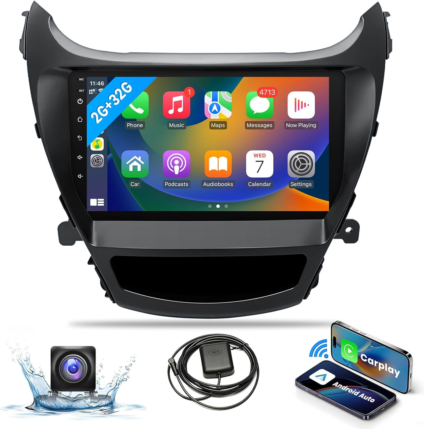 2+32G Android Car Stereo for Hyundai Elantra 2014 2015 2016 Radio Support with Wireless Apple Carplay Android Auto, 9'' Touchscreen in-Dash Bluetooth WiFi GPS Navigation Backup Camera