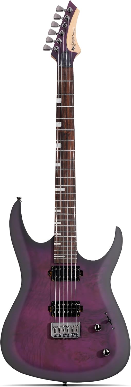 Leo Jaymz Tornado 6-String Electric Guitar, Okoume Body, Maple Neck, Laurel Fingerboard, Dual Alnico V Pickups, Locking Tuners, 3-Way Switch, 24 Frets (Purple Burl)