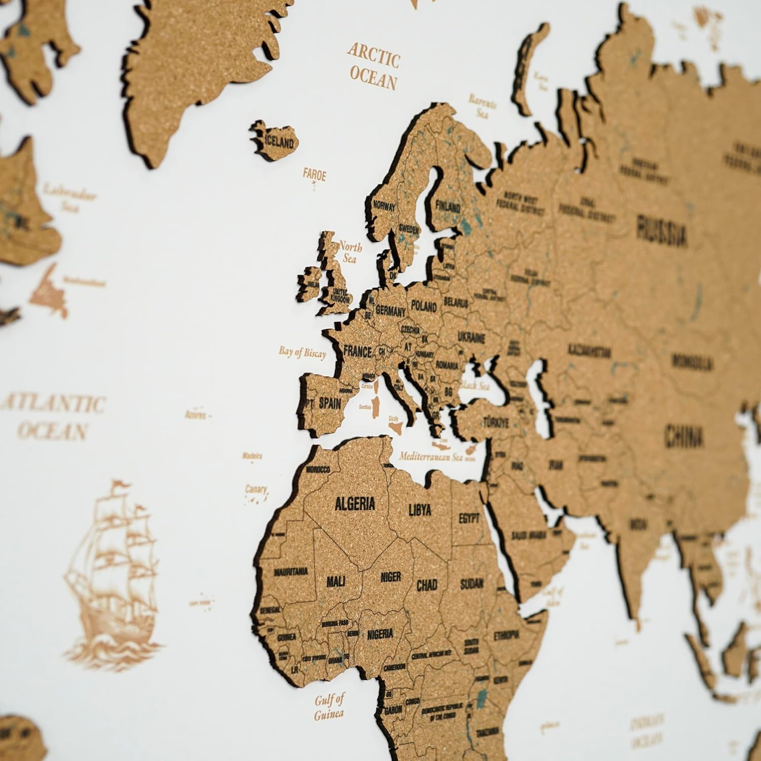 Framed White Cork World Map Wall Art – 36.6 x 24 inches – 1-Piece Design – Modern Travel Pin Board – Office & Home Decor