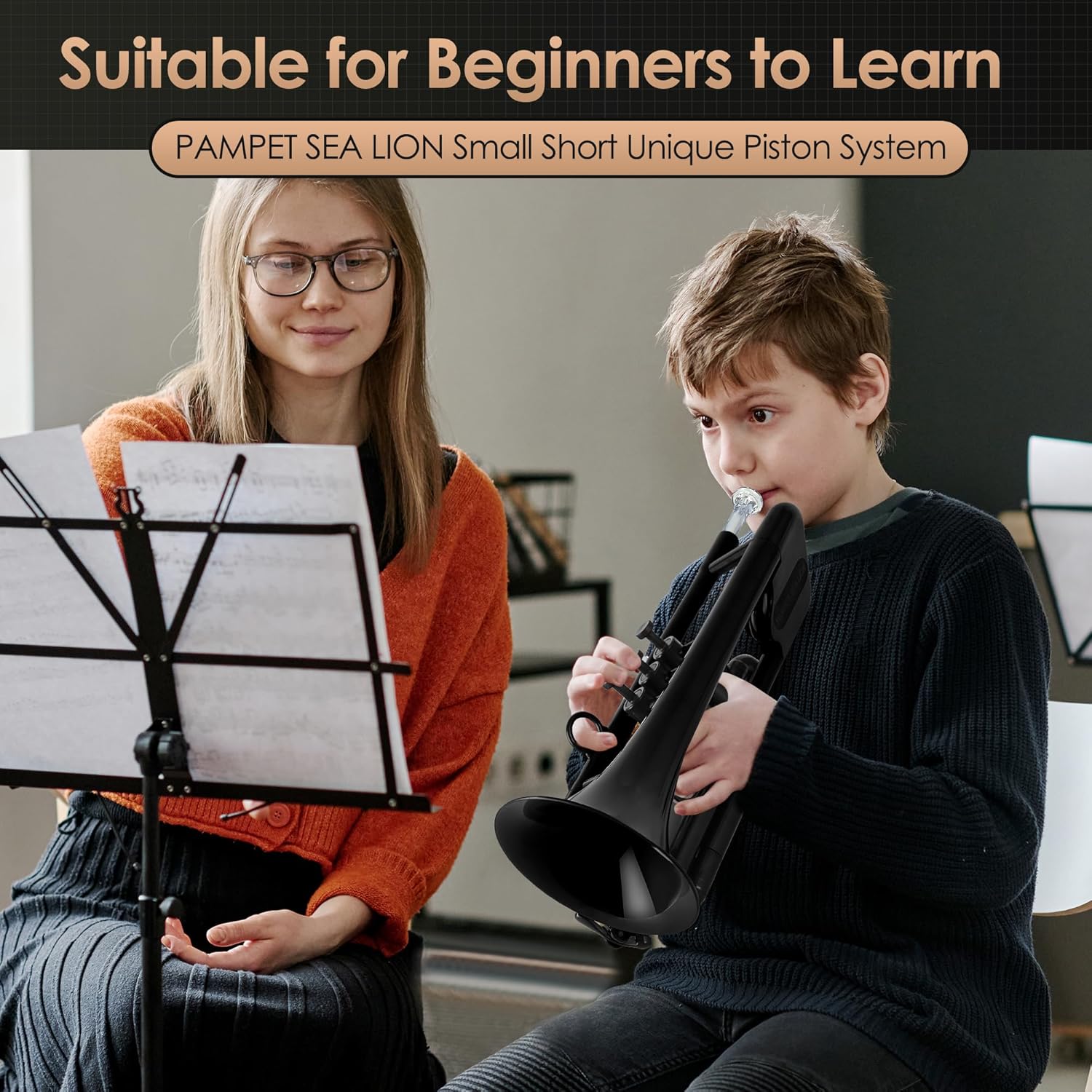 SEA LION Professional Plastic Bb Trumpet Set for Student Beginner (Black)