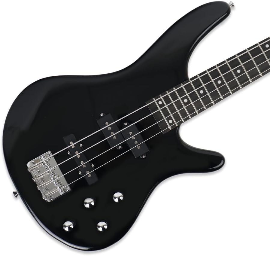 electric bass guitar full size standard 4strings glossy black 34inch scale length 24frets maple neck phoenix body fixed bridge 2V 2T control for beginner starter practice show (BK-YIB30)