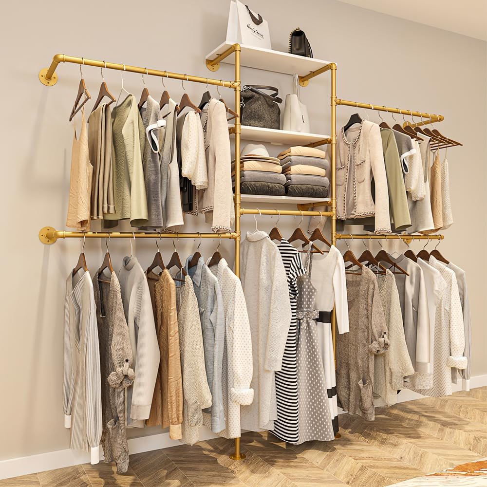 Heavy Duty Gold Pipe Clothing Rack - Wall Mounted Industrial Clothes Rack, DIY Corner Closet System with Shelves, Adjustable Walk-in Closet Organizer (GOLD, 94.5