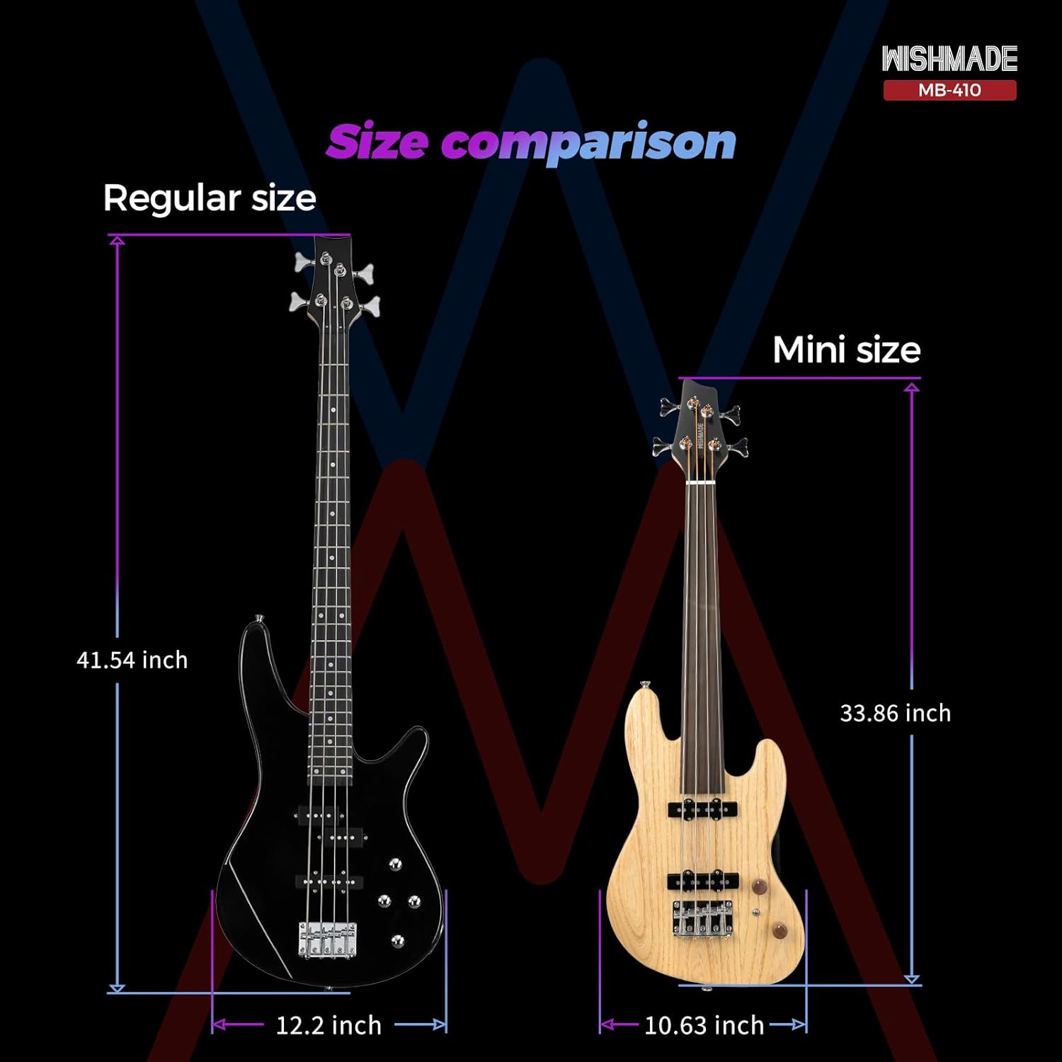 WishMade Electric Bass Guitar Fretless Mini Bass Guitar,Portable Small Size Guitar with Gigbag,Maple Neck,HH.(4 String Natural)