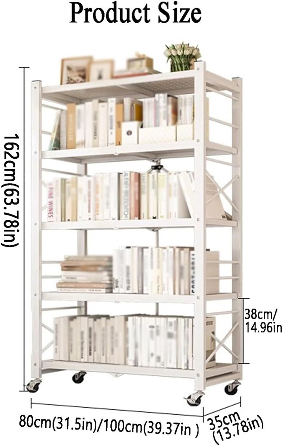 5 Cube Bookshelf, Foldable Simple Mobile Bookshelf, Multi-Layer Home Desk Side with Wheels, Suitable for Reading Corner, Living Room (Black, White)(Black,80 X 35 X 162cm) (White 80 X 35 X 162cm)