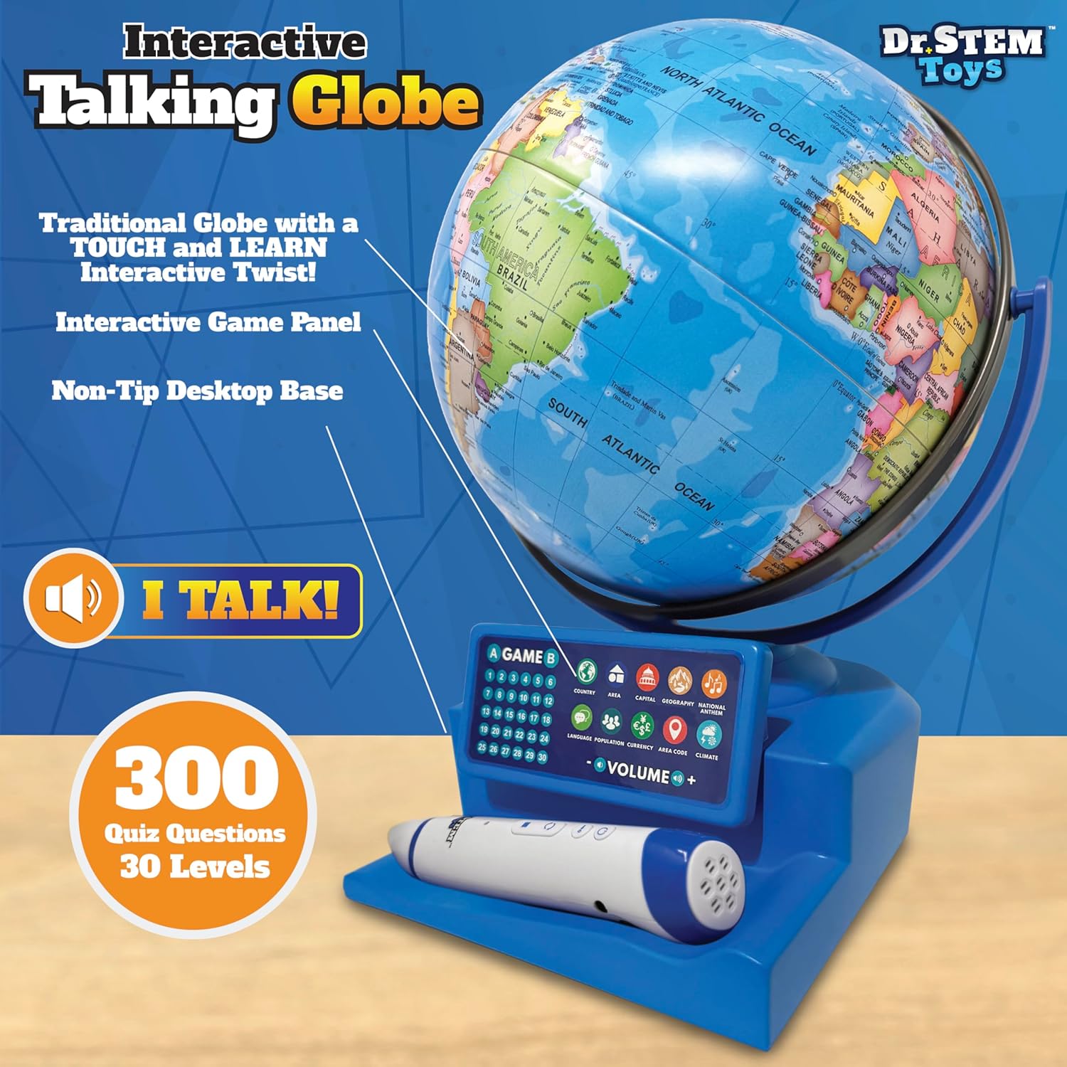 Dr. STEM Toys Interactive Talking Globe with Smart Pen, Game Panel, 300+ Geographic Quiz Questions, Touch & Learn, Music, and More - Educational Toy for Kids Ages 6+