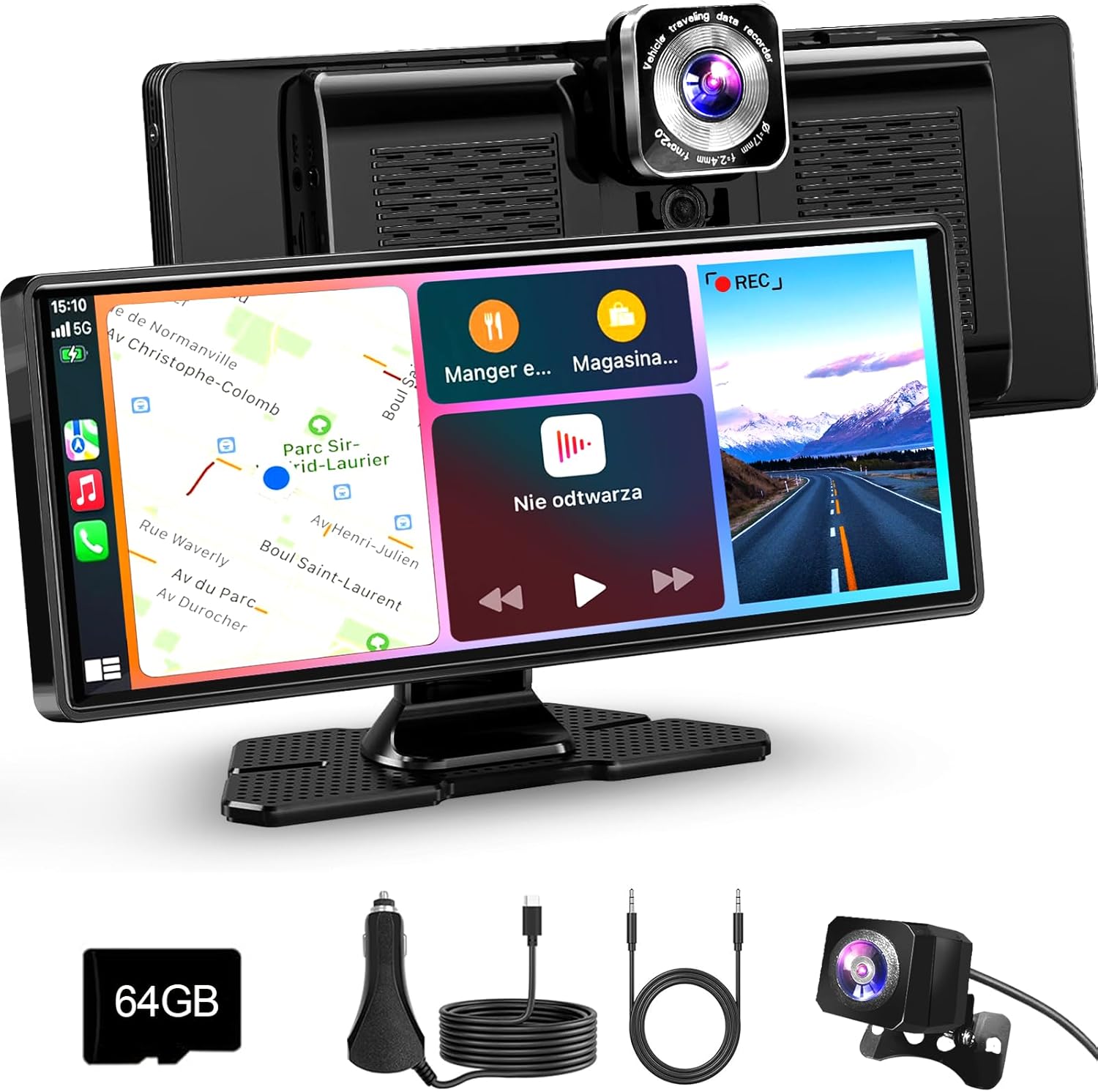 10.26” Carplay Screen for Car, HD IPS Wireless Portable Touch Screen with 64GB TF Card – Supports Apple Carplay & Android Auto, Mirror Link/4K Dash Cam/1080P Rear Camera/BT/FM/Voice Control