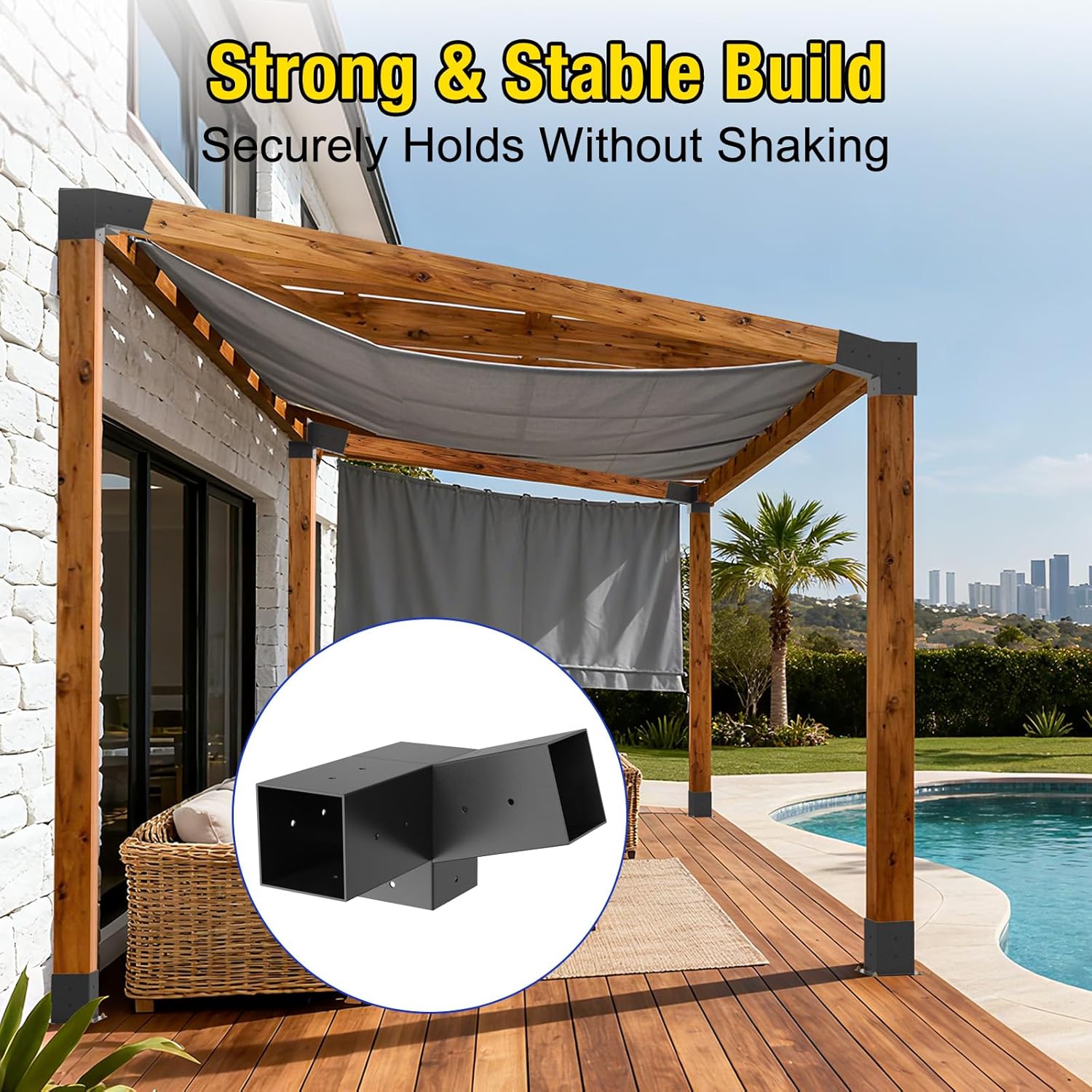 8PCS 15° Slanted Roof Pergola Brackets, 3-Way Roof Wall Mount Extension Pergola Kit, 4''x4'' Wood Post Base Bracket, Corner Bracket for Gazebos, Patio Pergolas, Log Cabin