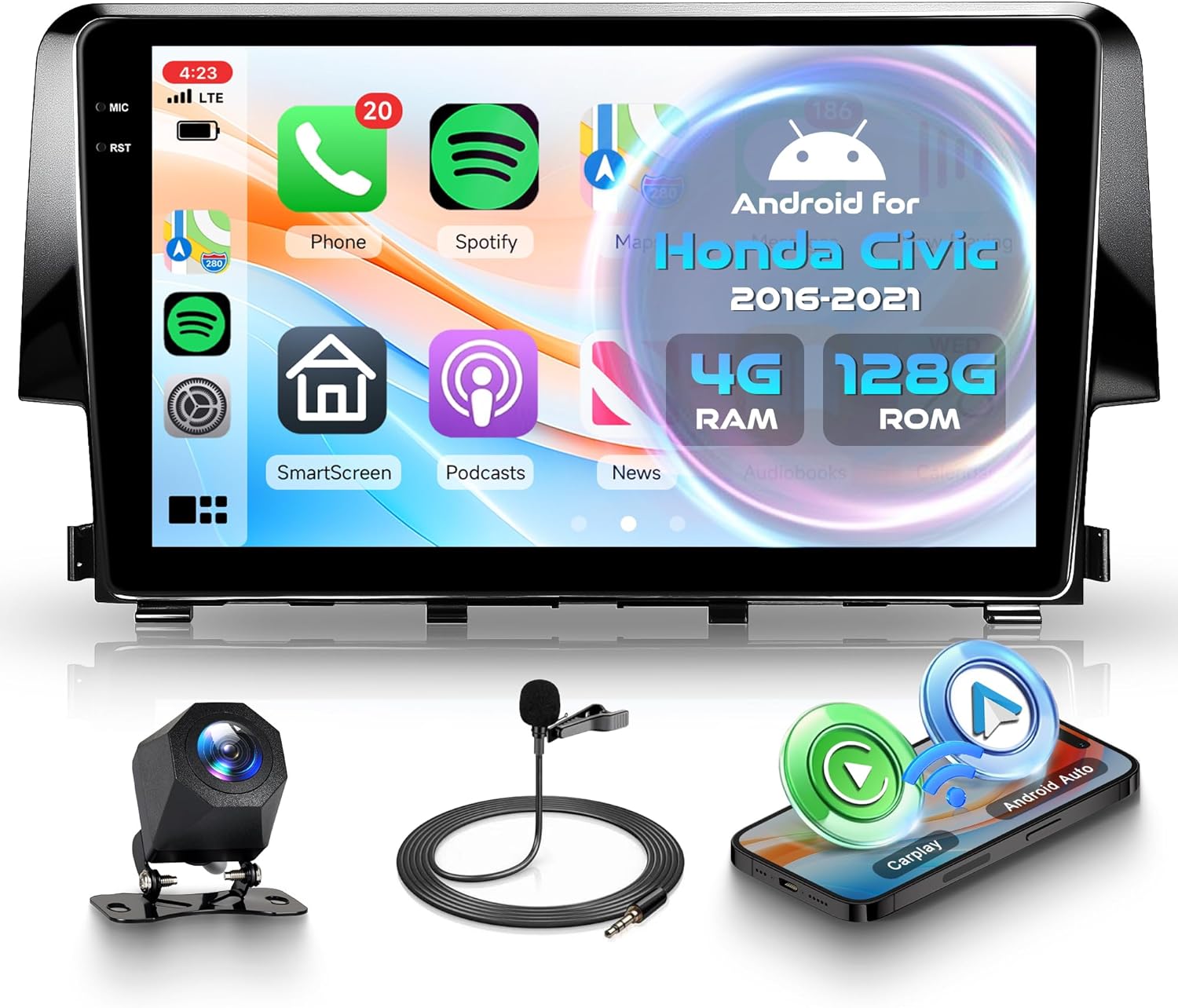 4G+128G Android Car Radio for Honda Civic 2016-2021 with Wireless CarPlay Android Auto, 9 Inch Touchscreen Car Stereo Mirror Link GPS Navigation WiFi Bluetooth FM RDS EQ SWC Backup Camera