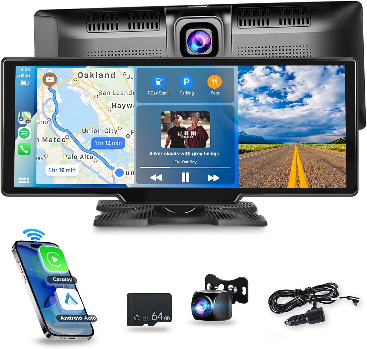 [2.5K Front Camera+64G TF Card] Wireless Carplay/Android Auto Portable Car Radio with 9.3